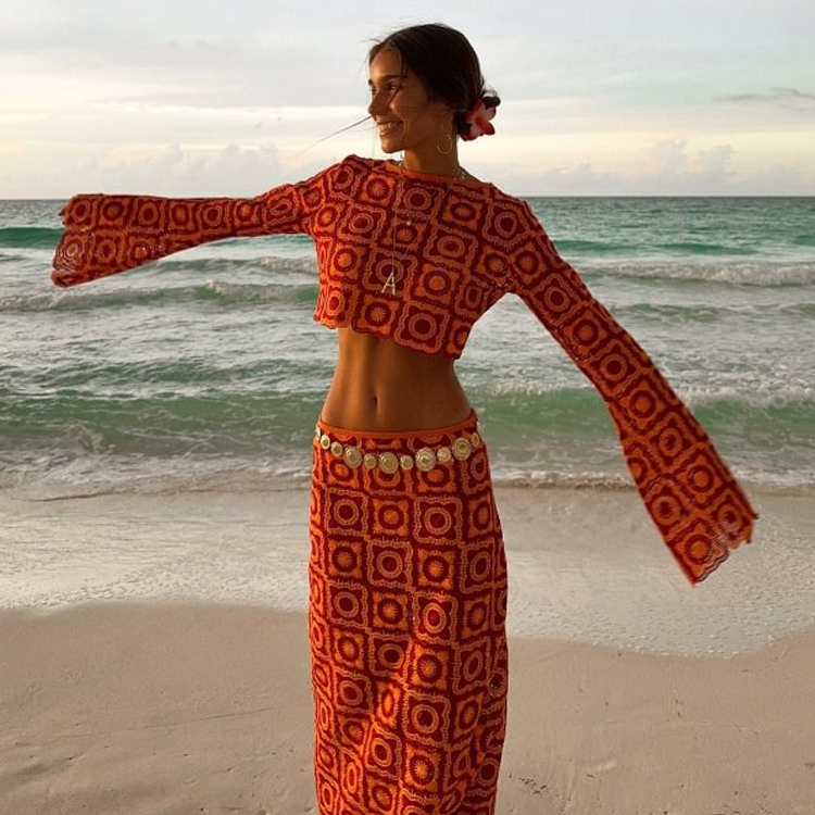 Lace Bell Sleeve Cutout Top and Skirt Set