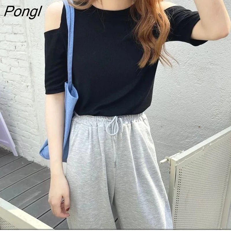 Pongl Summer Slim T-shirt Women Shoulder Off Short Sleeve Korean Fashion Tee Shirt Femme Knit Sexy Free Shipping Tshirt Woman Top