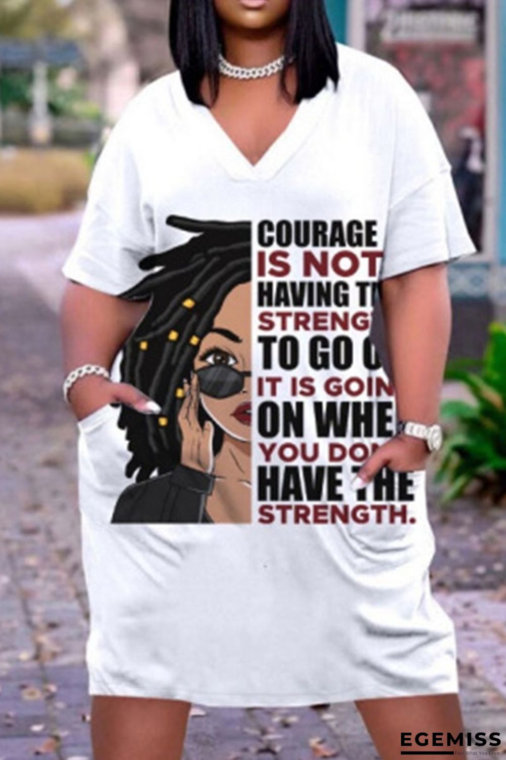 White Sexy Print Patchwork V Neck Straight Dresses | EGEMISS