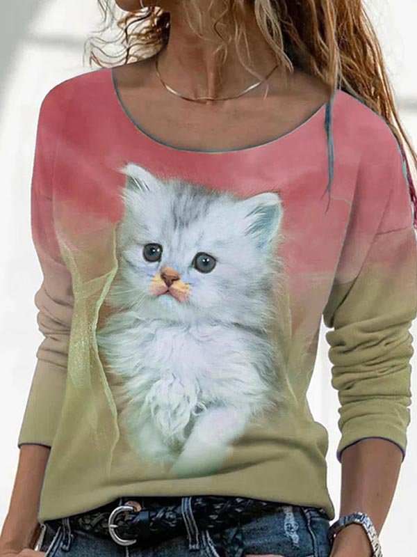 Artwishers Cute Cat Printed Long-Sleeve T-Shirt