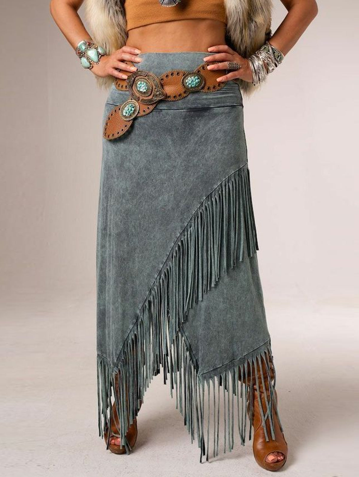 Retro Plain High Waist Asymmetrical Tassel Maxi Skirt