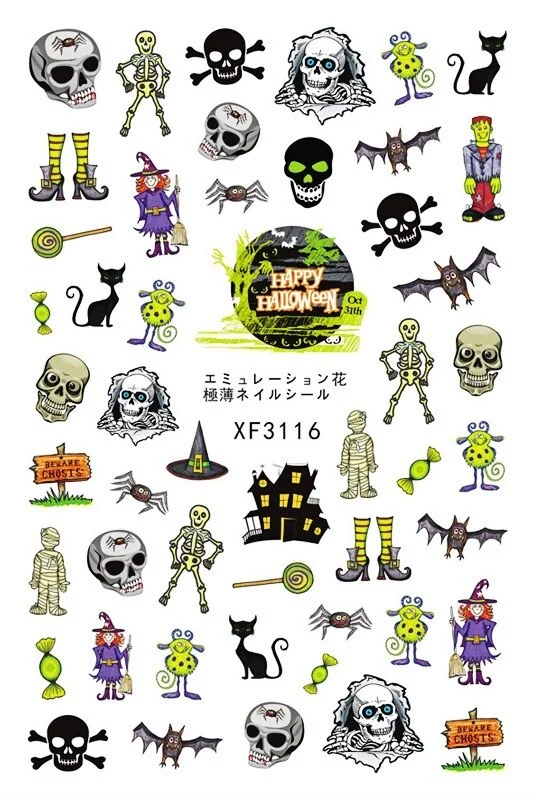 Nail Stickers Back Glue Halloween Skull Pumpkin Bat Creative Designs Nail Decal Decoration Tips For Beauty Salons-Nail Inspo