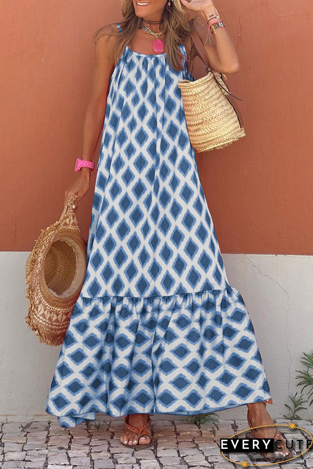 Blue Geometric Print Loose Fit Sleeveless Maxi Dress