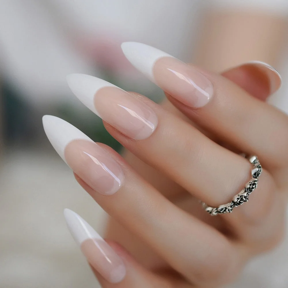 White French Tips Fake Nails Extra Long Stiletto False Nails Natural Painted Long Party Designed Nails 24 Count-Nail Inspo