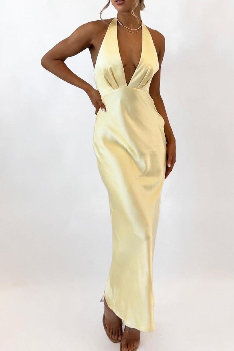 Lvs&Broner Halter Backless Sleeveless Deep V Neck Prom Dress With Pleated