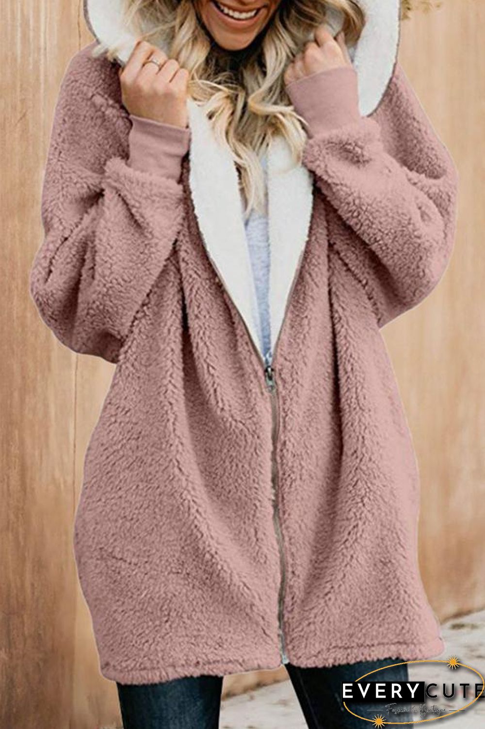 Fluffy Solid Color Hooded Coat P12047