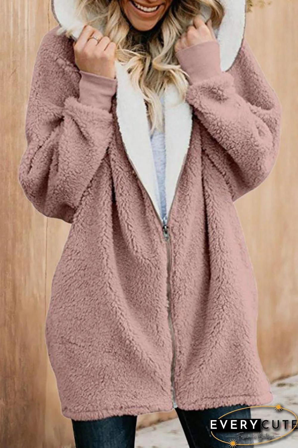 Fluffy Solid Color Hooded Coat P12047