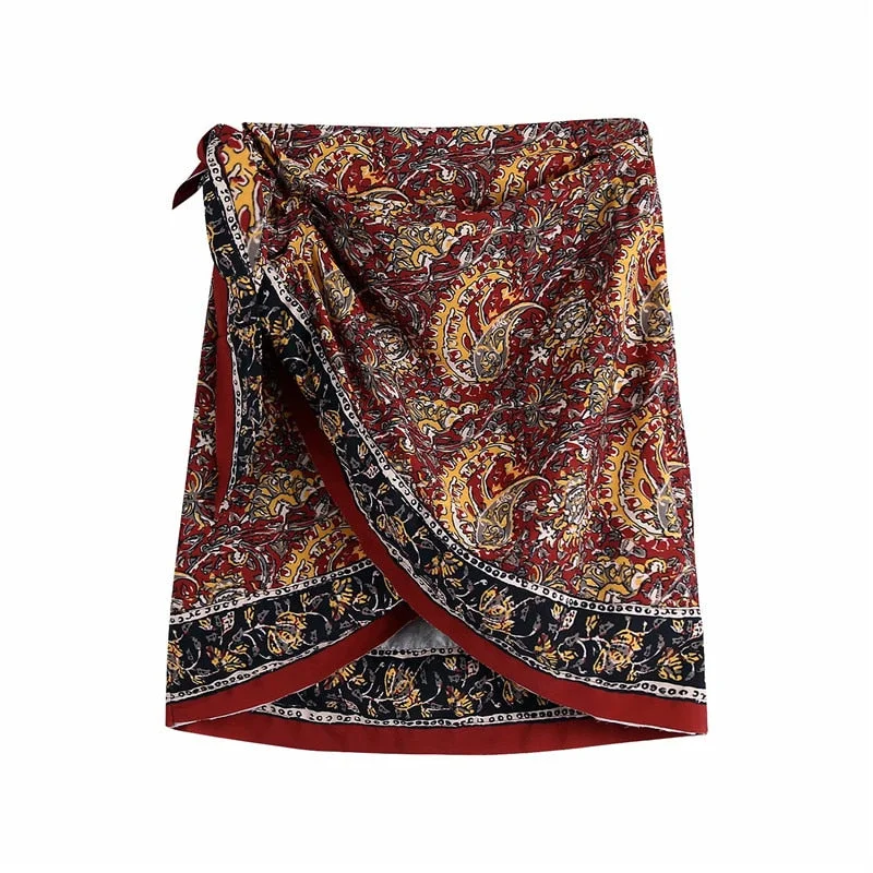 2021 Summer Za Skirt Women Vintage High Waist Print Sarong Skirts Fashion Applique Waist Side Pareo Tie Sexy Woman Skirts