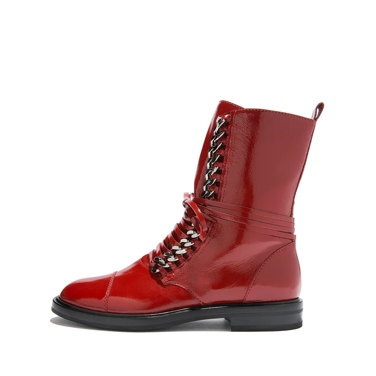 Red Combat Flat Ankle Chain Boots with Metal Lace Up Vdcoo