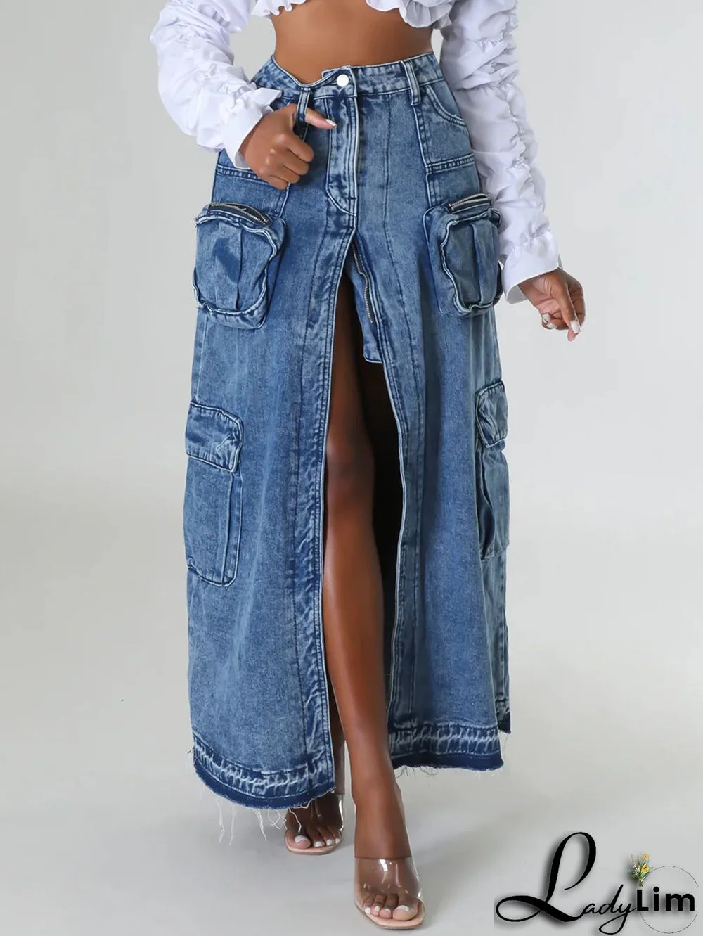 Denim Daily High Front Slit Pockets Maxi Skirt