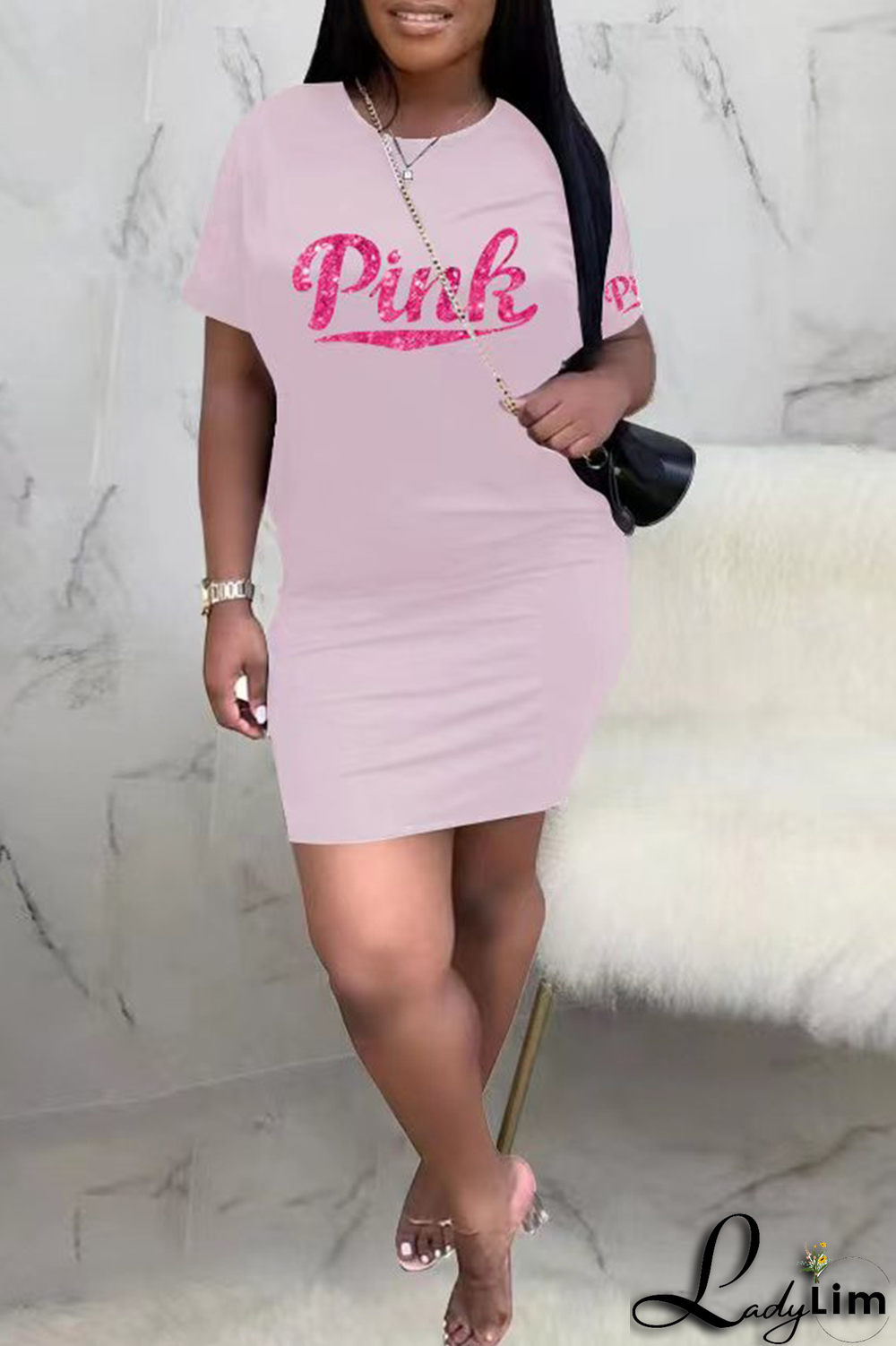 Pink Fashion Patchwork Sequins O Neck Pencil Skirt Dresses