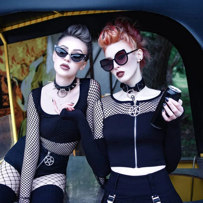 InsGoth Gothic Sexy Hollow Out Black Tops Harajuku Vintage Pentagram Zip Up Long Sleeve Tops Women Streetwear Punk Fish Net Tops