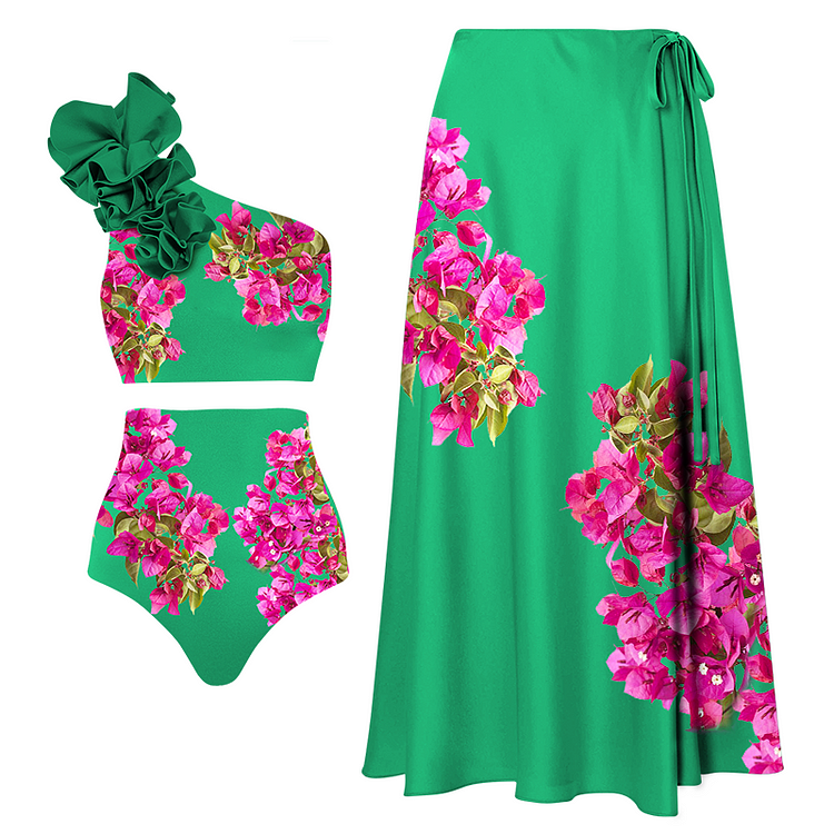 Pink Bougainvillea Flower Printed Bikini Swimsuit and Skirt Flaxmaker