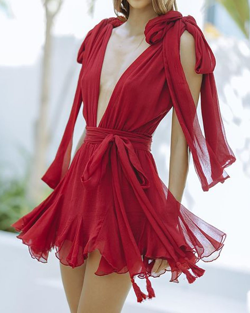 Solid Lace-Up Chiffon Dress