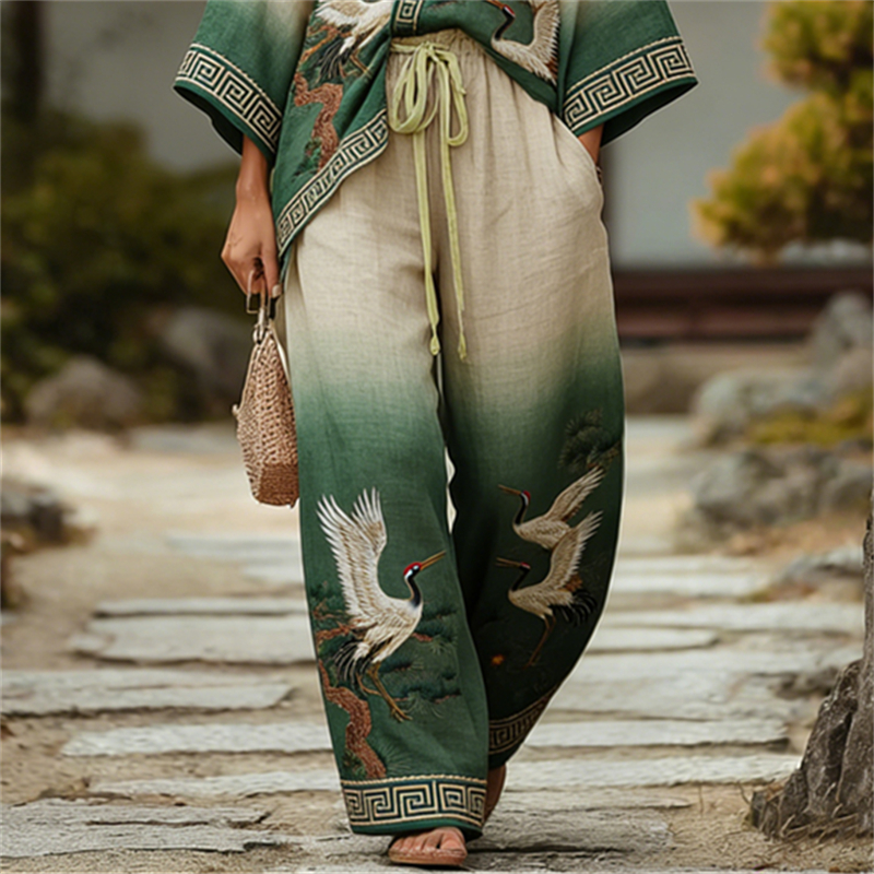 Japanese Cranes & Pine Trees Gradient Kimono & Pants Linen Set wearshes