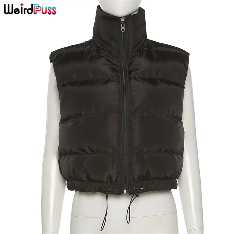 Weird Puss Puffer Bubble Jacket Vest Women Padded Thick Zipper Coat Tank Top Turtleneck Winter Warm Short Tops Casual Streetwear