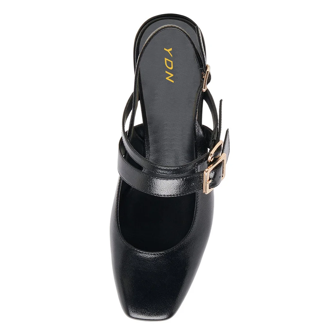 Patent Leather Square Toe Slingback Decorative Heel Loafers in Black