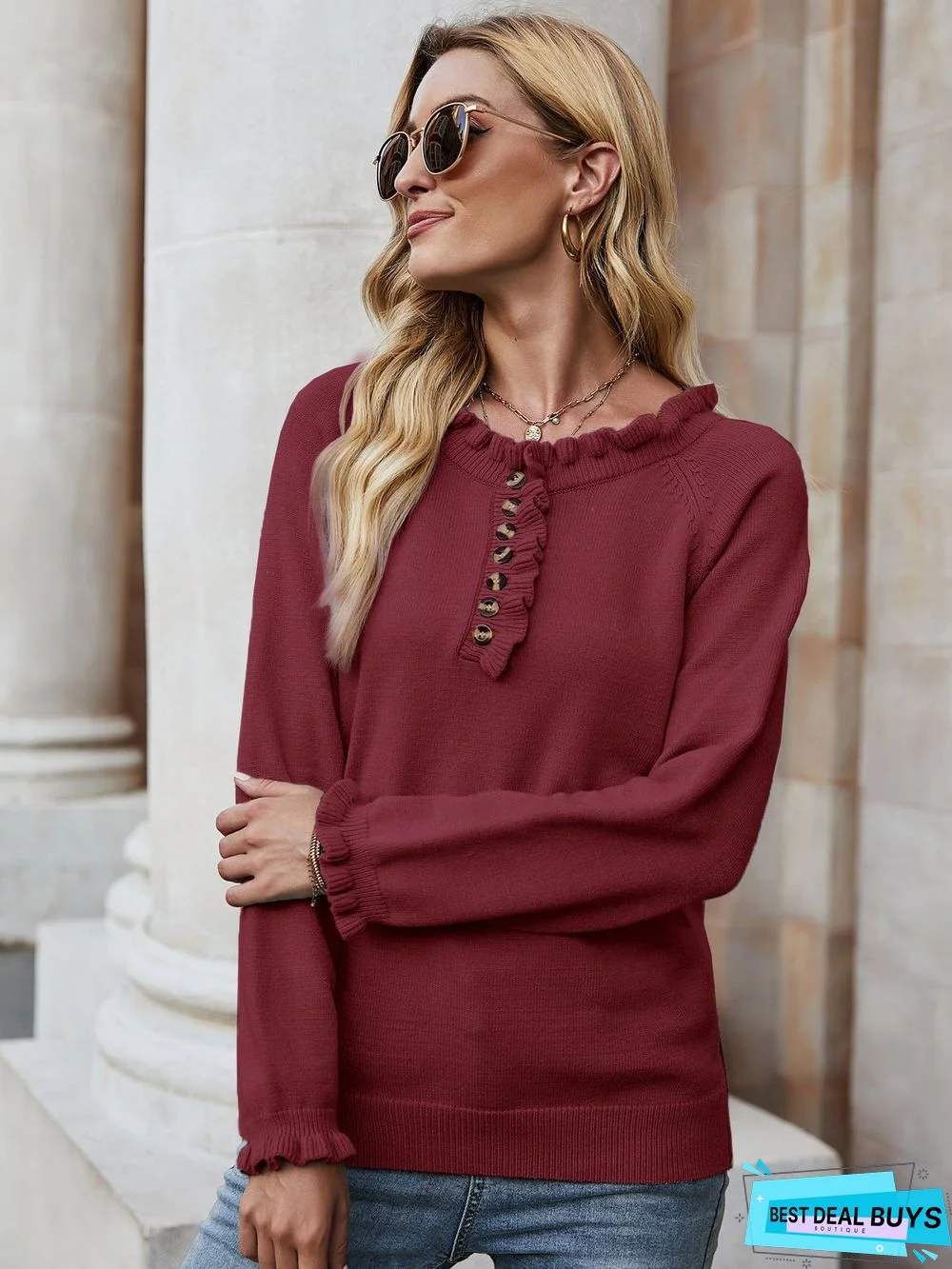 Pullover Single-Breasted Round Neck Solid Color Wood Ear Slim Sweater Woman