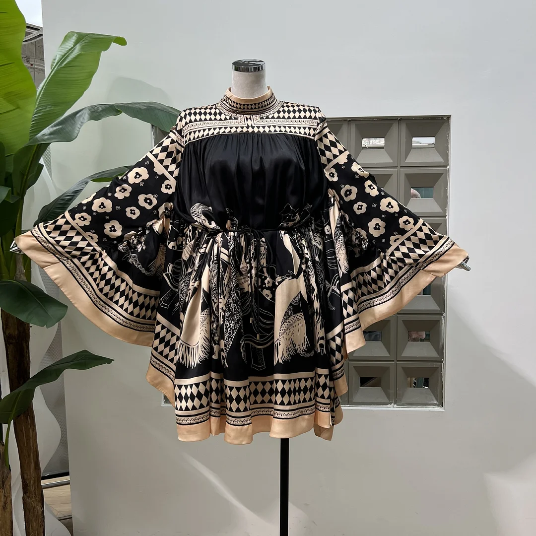 Zingj Leisure Tourism Style Southeast Asian Fashionable Thin Chic Print Joint Coated Leaf Bat Sleeve Loose Model