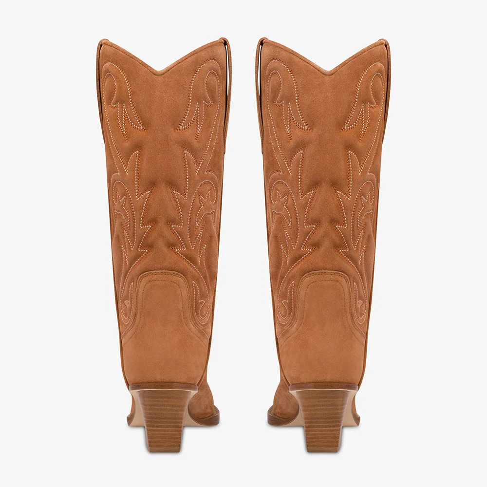 Brown Vegan Suede Chunky Heel Pointed Toe Mid-Calf Cowgirl boots