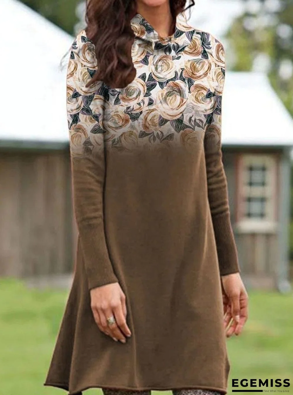 Flower Print Stack Neck Long Sleeve Casual Shift Dress | EGEMISS