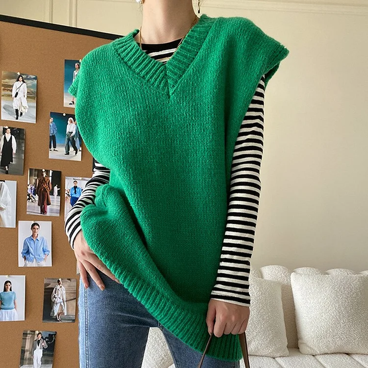 Simple Loose Solid Color V-neck Knitted Vest
