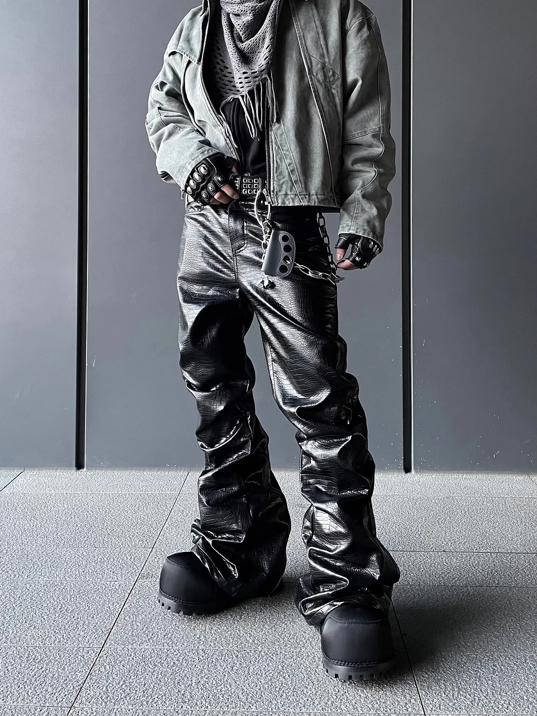 Aonga Spring Autumn Cool Handsome Long Black Crocodile Print Pu Leather Pants for Men Luxury Designer Floor Length Clothes aonga