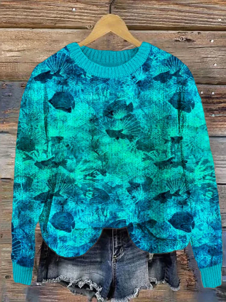 Sea Animals Tie-Dye Pattern Cozy Knit Sweater