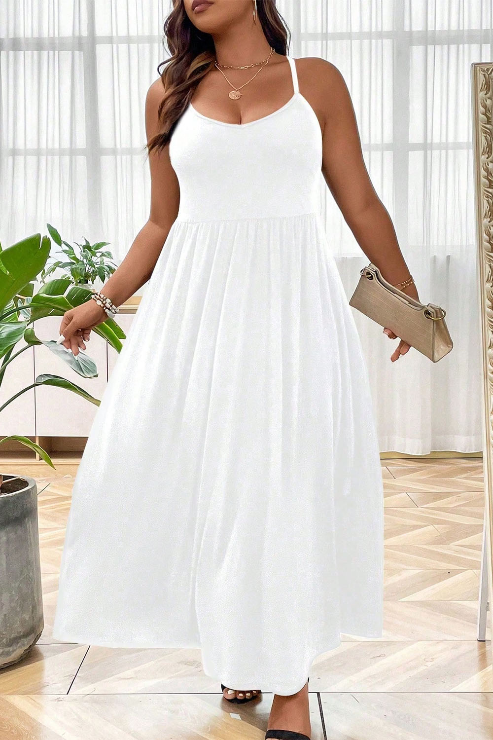 Plus Size Everyday Green Solid Sleeveless Spaghetti Strap Maxi Dress 2024 - Flycurvy 