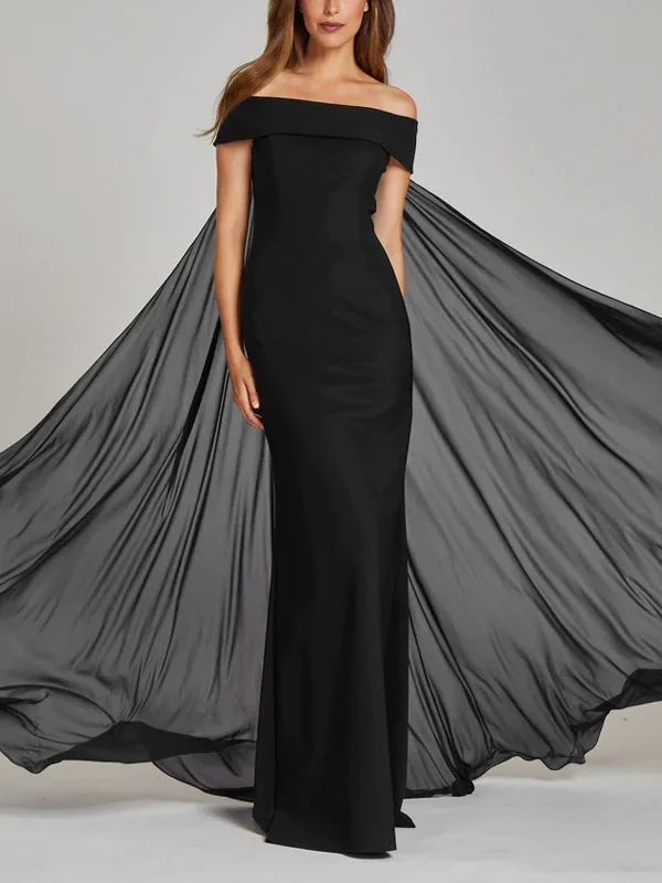 Off Shoulder Scuba Gown With Chiffon Cascade Back Drape