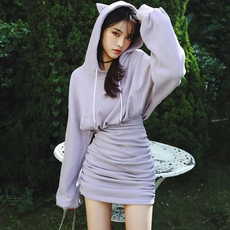 Letter Embroidery Cute Cat Ears Drawstring Hoodie Dress SP15498