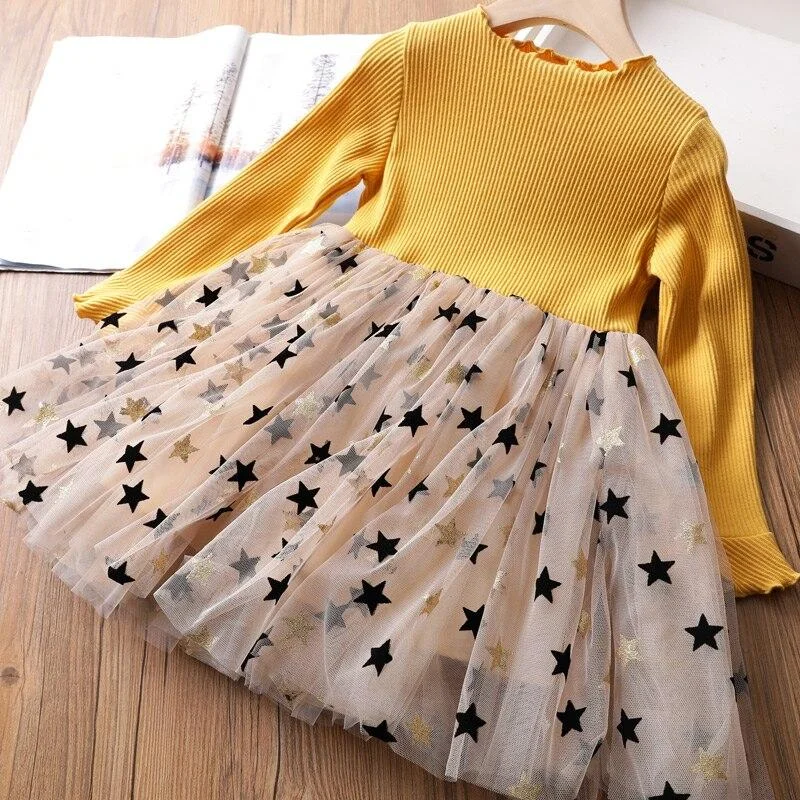 Girls Winter Dress for Kids Long Sleeve Star Sequined Princess Dresses 3 6 8 Years Old Children Cotton Knitted Autumn Clothes