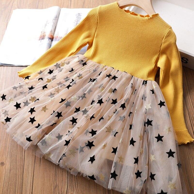 Girls Winter Dress for Kids Long Sleeve Star Sequined Princess Dresses 3 6 8 Years Old Children Cotton Knitted Autumn Clothes
