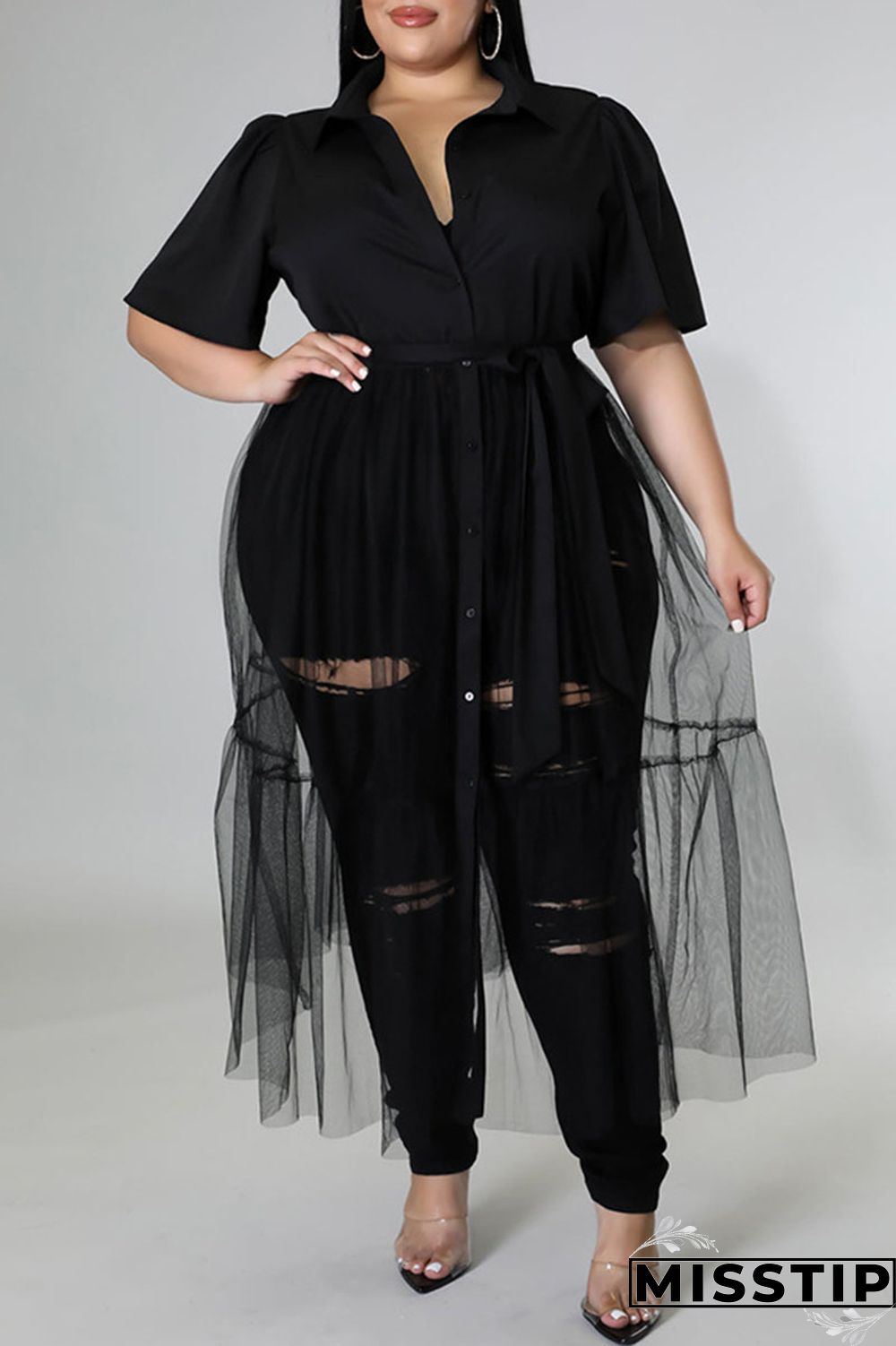 Black Casual Solid Patchwork Buckle Turndown Collar Plus Size Dresses