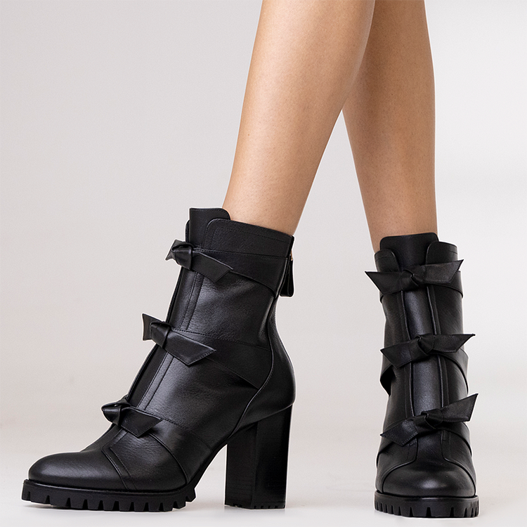 Black Chunky Heel Boots Women's Bow Platform Ankle Boots |FSJ Shoes