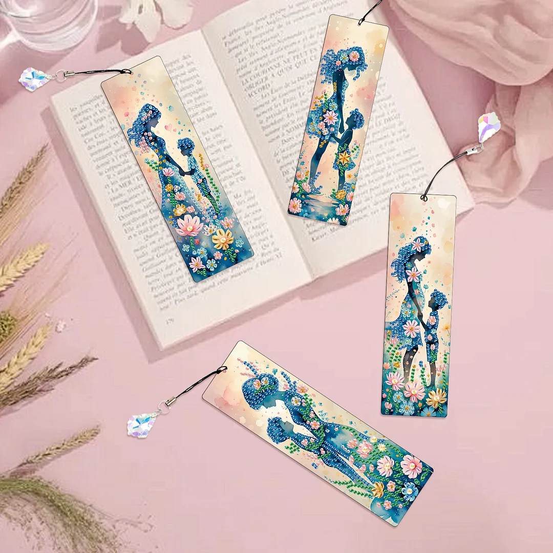 4Pcs Flowers and Parents DIY Diamond Bookmark Art Projects Irregular Shaped Diamonds Diamond Painting Art Bookmarks with Crystal Pendants for DIY Making Beginners Adult Art Craft Supplies