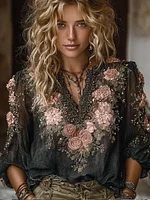 Bohemian Style Pink Rose Black Casual V-neck Long Sleeved Top