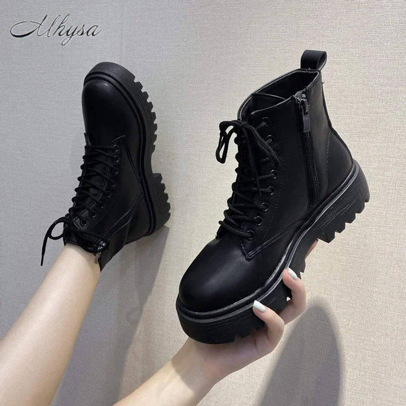 Colourp Women Boots Leather Platform Boots Black Ankle Boots Lace Up Ladies Motorcycle Boots Thick Heel Platform Heels Footwear