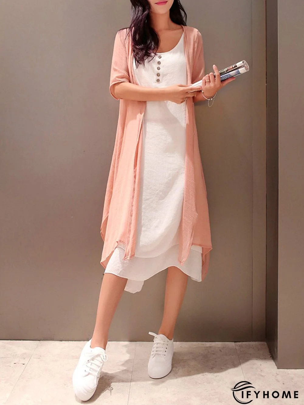 Casual Crew Neck Two Piece Buttoned Casual Dress | IFYHOME