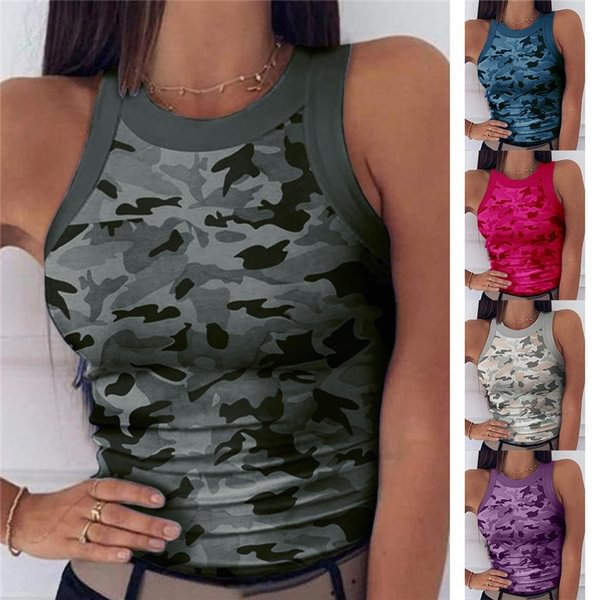 New Summer Fashion Women Sleeveless Tops Slim Fit Camouflage Print Vest Round Collar Tank Top Casual Bodycon Tops T-shirt - Shop Trendy Women's Clothing | LoverChic