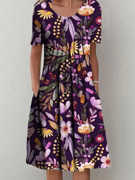 Women Short Sleeve Scoop Neck Floral Printed Pockets Midi Dress