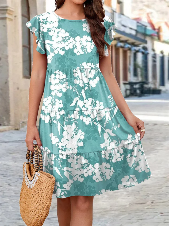Printed Fly Sleeves Round Neck Casual Dress Loose Waist Comfortable Casual S M L XL 2XL 3XL-Cosfine