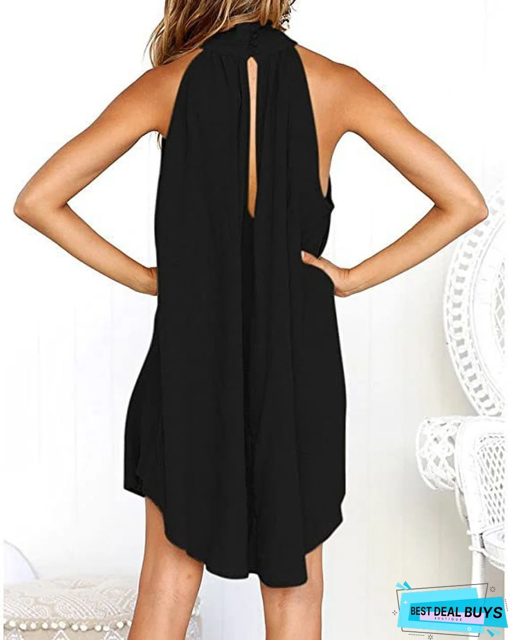 Trendy Printed Round Neck Pleated Sleeveless Dress