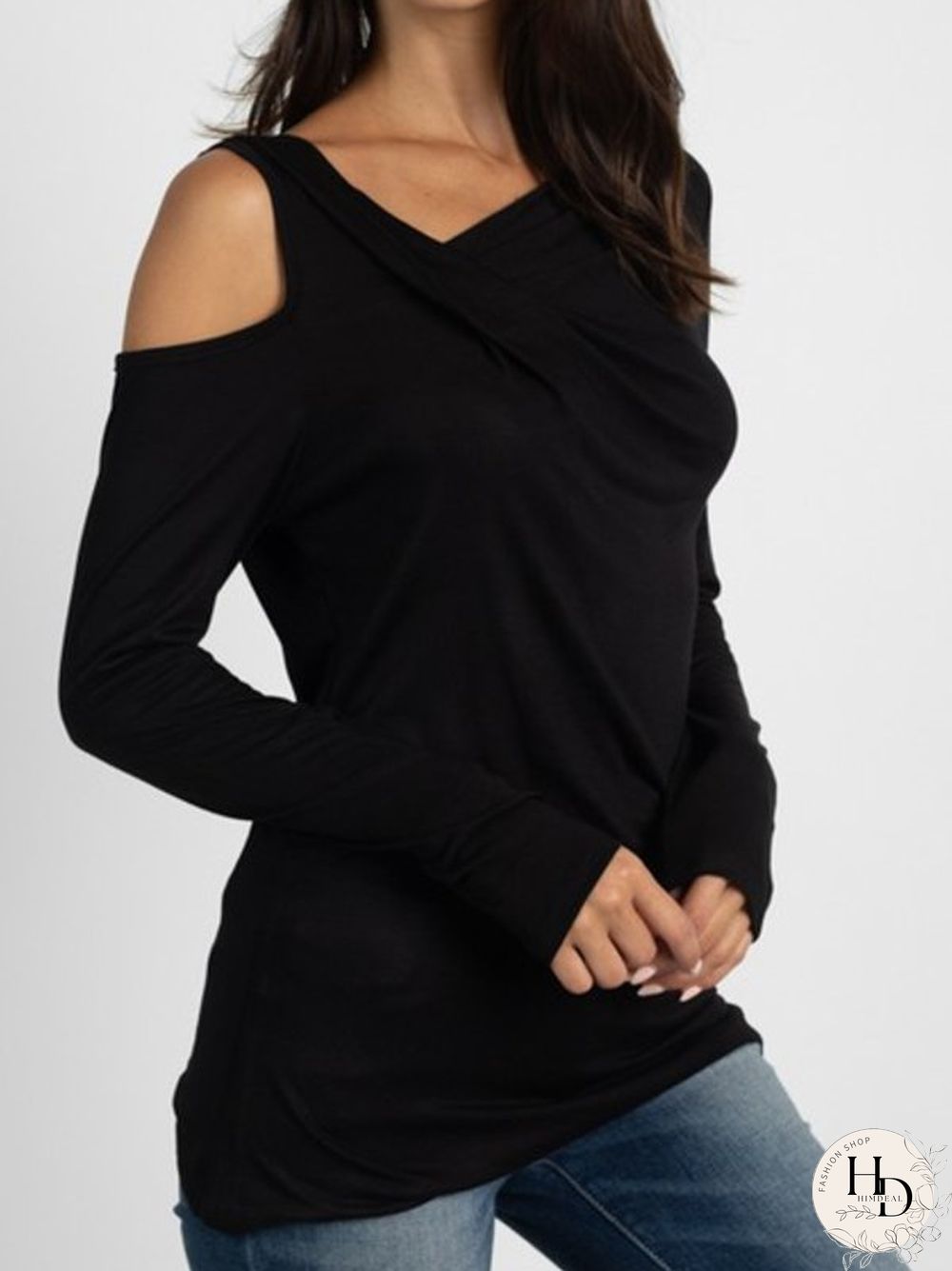 Long Sleeve Cotton-Blend Solid One Shoulder T-shirt