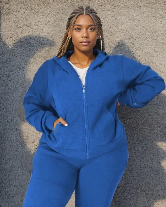 Women's Plus Size Solid Blue Zipper Hoodie Set