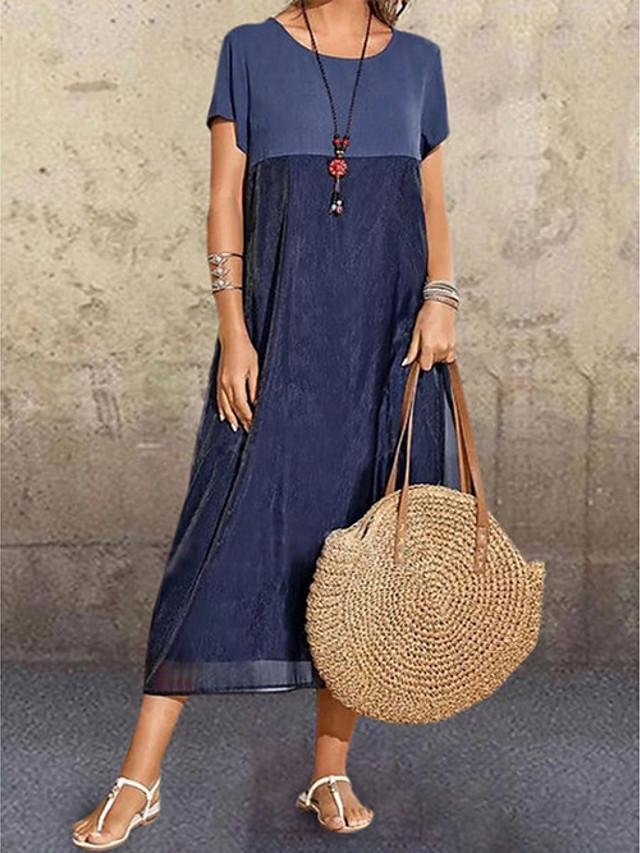 Women's Shift Dress Midi Dress - Short Sleeve Solid Color Print Summer Casual Daily Holiday 2020 Navy Blue S M L XL XXL XXXL - VSMEE