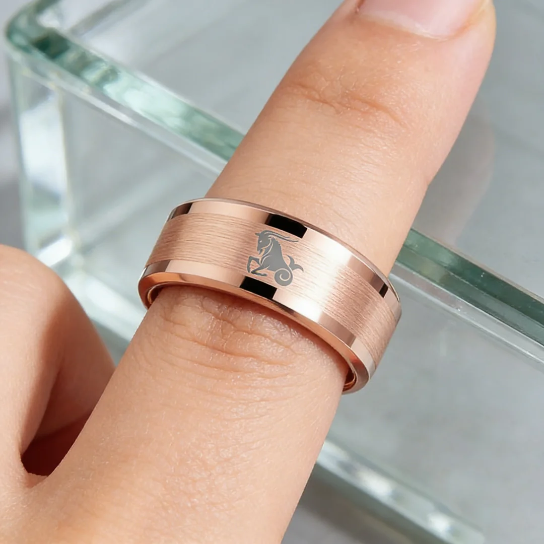 Mens Womens Rose Gold Capricorn Tungsten Carbide Band Rose Gold Edges and Laser Etched Wedding Rings Comfort Fit 4MM 6MM 8MM