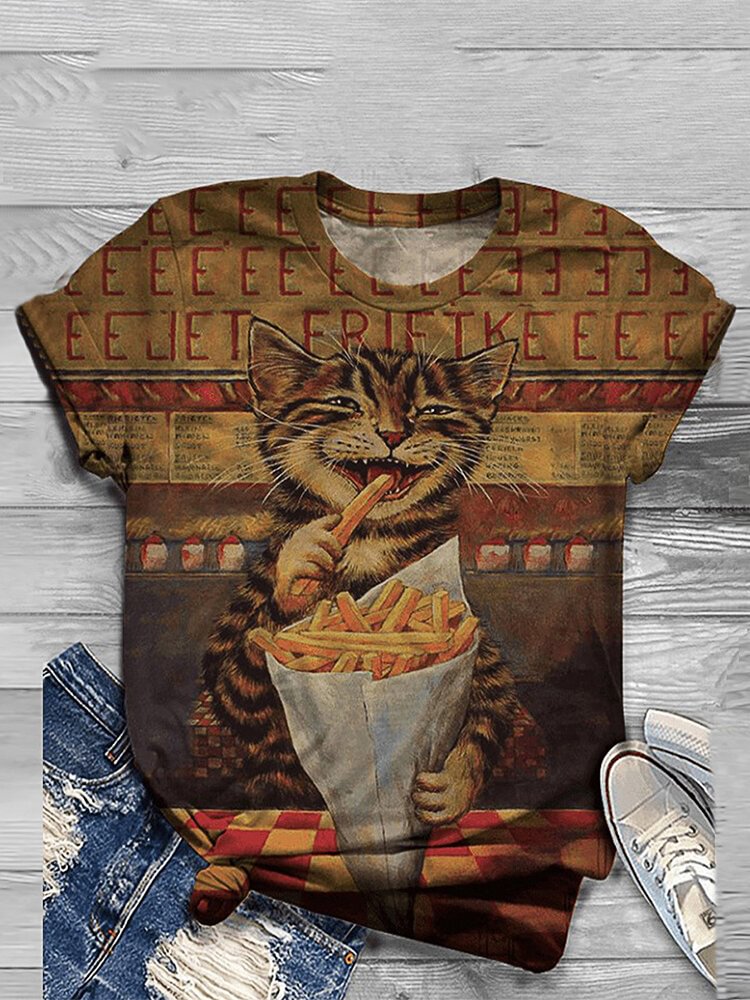 Cat Print Short Sleeve O neck Casual T Shirt For Women P1807214