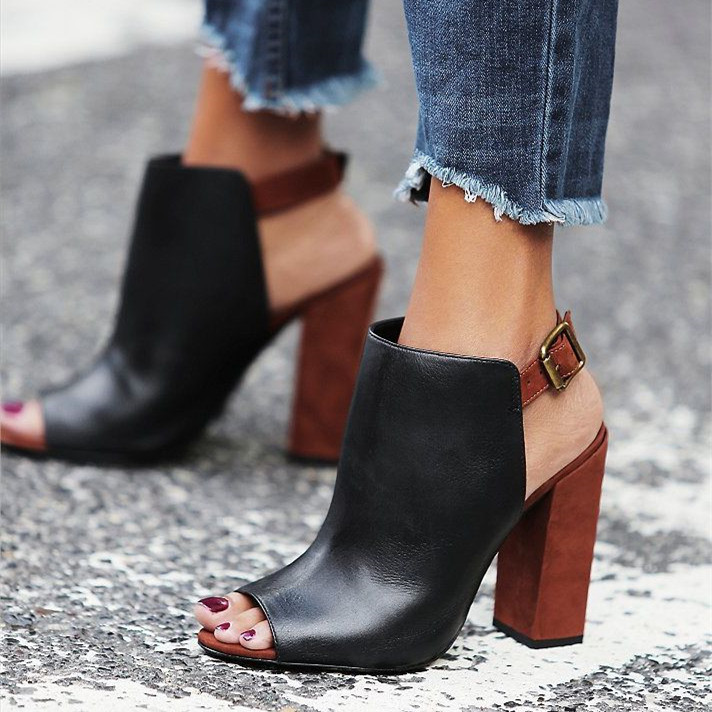 Black and Brown Peep Toe Chunky Heel Buckle Slingback Summer Boots