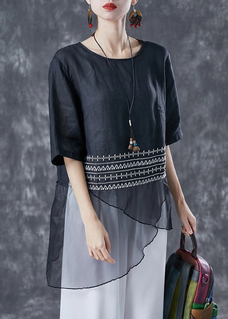 Elegant Black Embroideried Tulle Patchwork Linen Top Summer